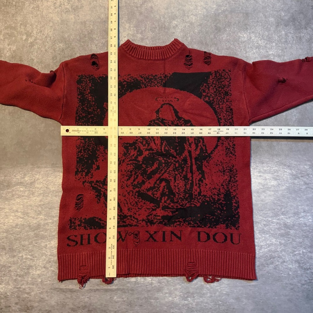 SXD Show Xin Dou Distressed Knit Graphic Sweater Red Mens Large Grim Reaper - Picture 4 of 6